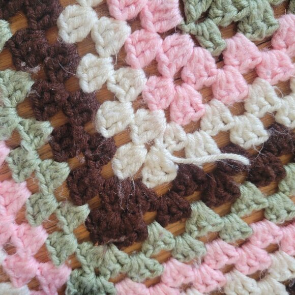 Handmade Crocheted Granny Square Blanket With Floral Rosette Accents Pink Brown - Picture 4 of 4